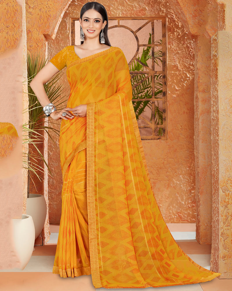 Vishal Prints Mustard Georgette Saree With Foil Print And Zari Border