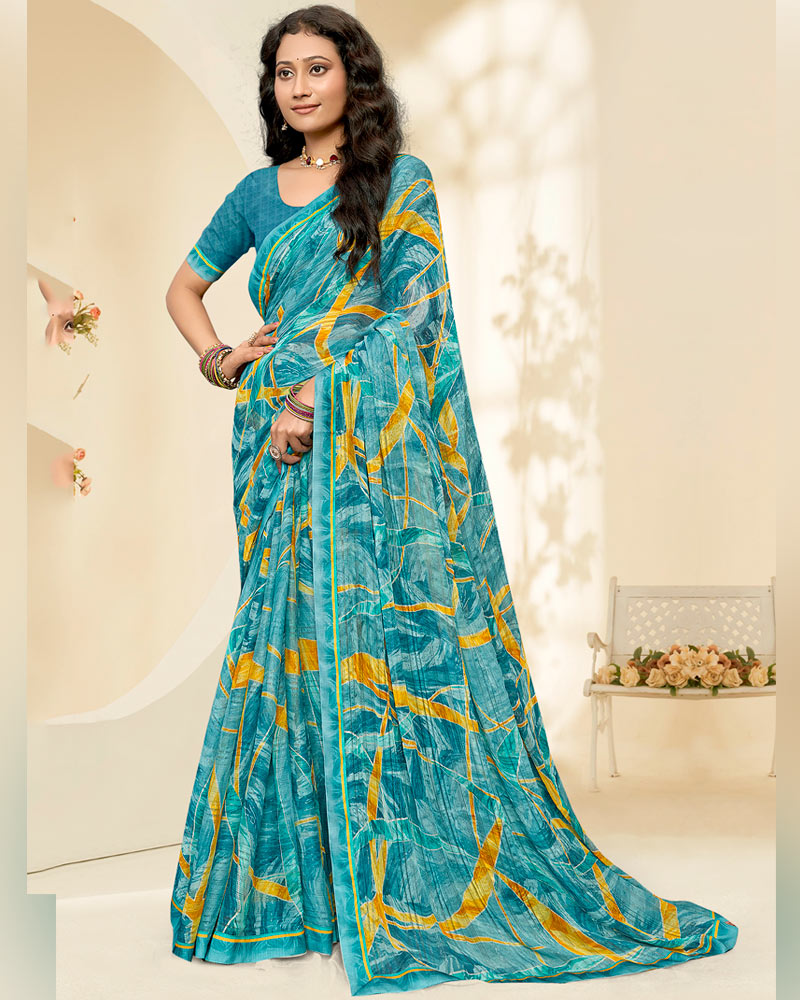 Vishal Prints Eastern Blue Printed Chiffon Saree With Fancy Border