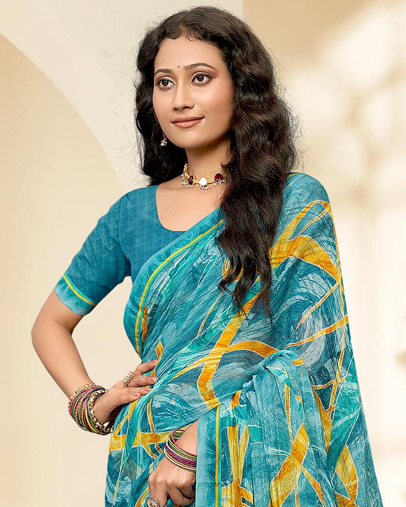 Vishal Prints Eastern Blue Printed Chiffon Saree With Fancy Border