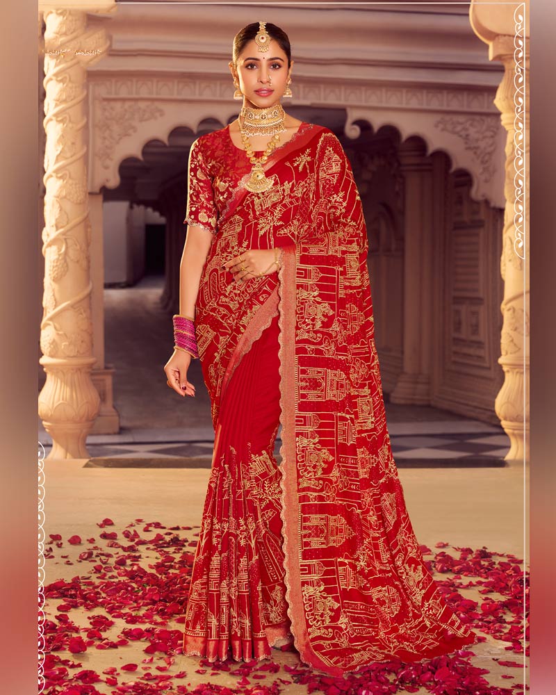 Vishal Prints Dark Red Designer Moss Viscose Saree With Zari-Embroidery-Diamond Work And Cut Work Border