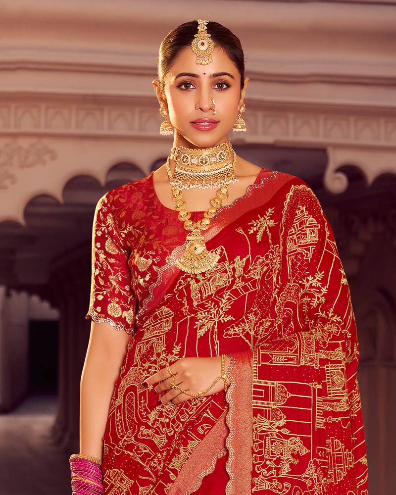 Vishal Prints Dark Red Designer Moss Viscose Saree With Zari-Embroidery-Diamond Work And Cut Work Border