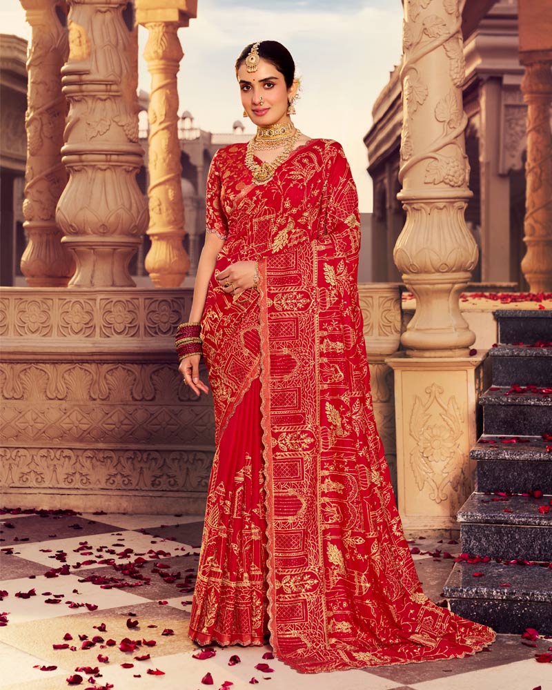 Vishal Prints Dark Red Designer Moss Viscose Saree With Zari-Embroidery-Diamond Work And Cut Work Border
