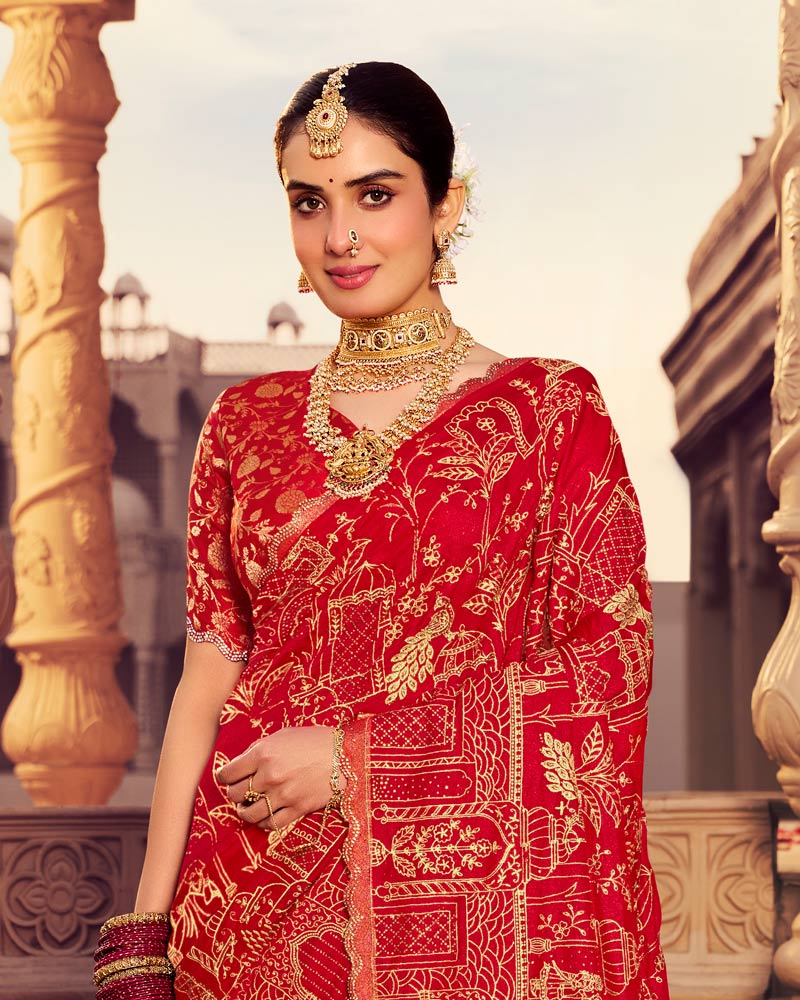 Vishal Prints Dark Red Designer Moss Viscose Saree With Zari-Embroidery-Diamond Work And Cut Work Border