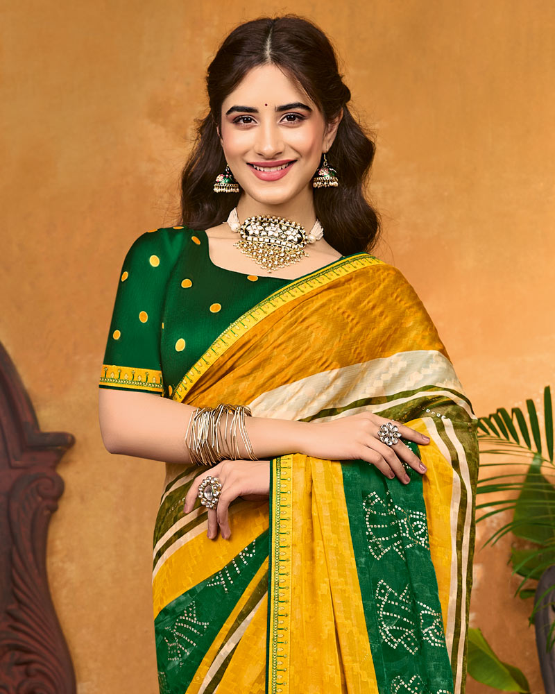 Vishal Prints Mustard Yellow Printed Chiffon Saree With Foil Print And Fancy Border
