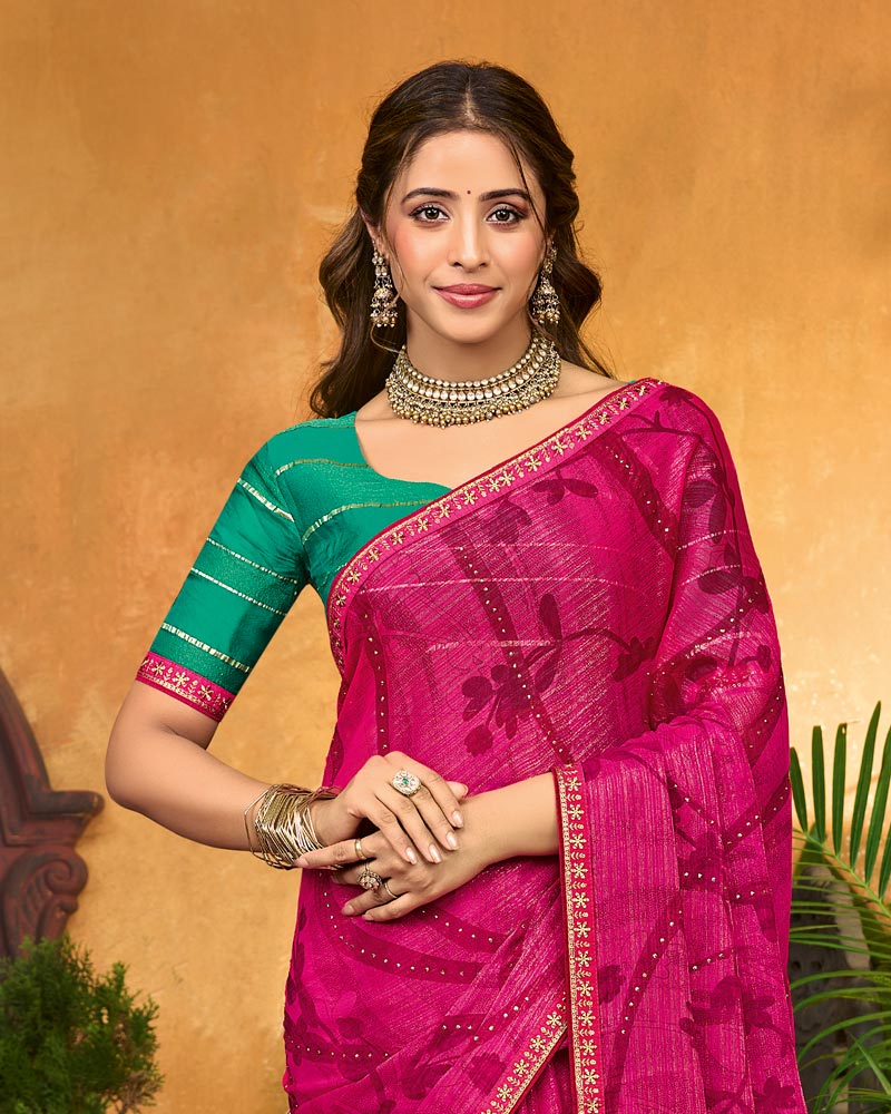 Vishal Prints Magenta Pink Printed Fancy Chiffon Saree With Diamond Work And Fancy Border