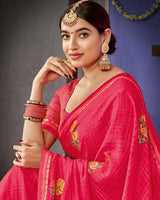 Vishal Prints Red Pink Designer Patterned Chiffon Saree With Embroidery Work And Fancy Border