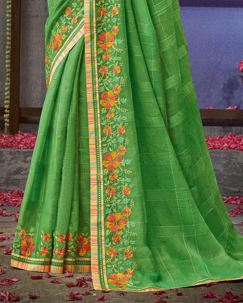 Vishal Prints Grass Green Designer Patterned Chiffon Saree With Embroidery Work And Fancy Border