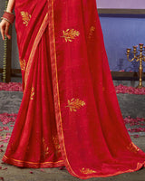 Vishal Prints Dark Red Designer Patterned Chiffon Saree With Embroidery Work And Fancy Border