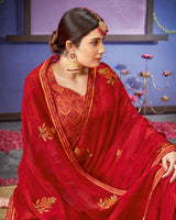 Vishal Prints Dark Red Designer Patterned Chiffon Saree With Embroidery Work And Fancy Border