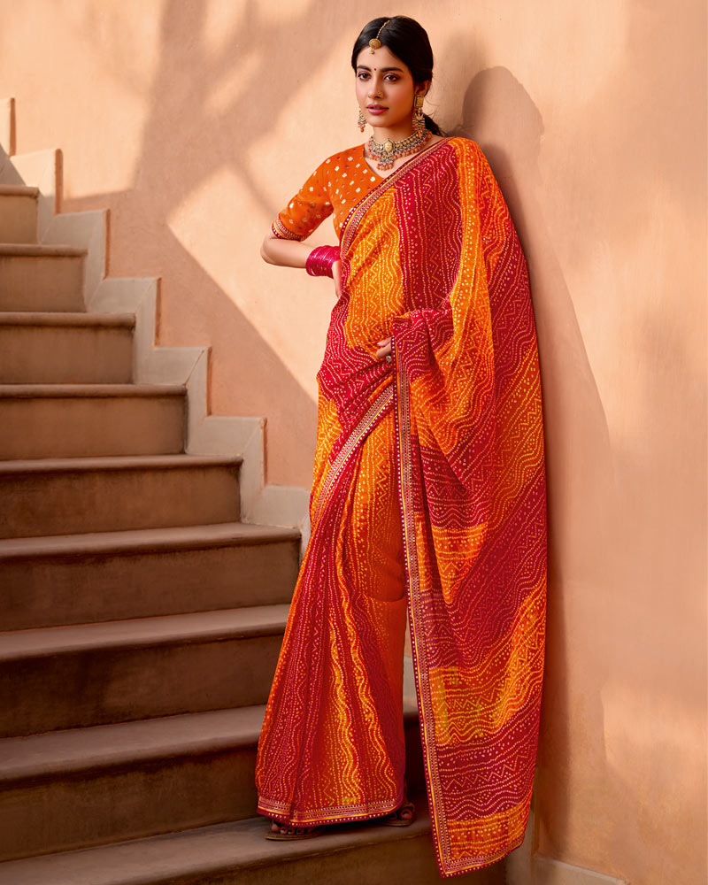 Vishal Prints Milano Red Printed Georgette Bandhani Print Saree With Fancy Border