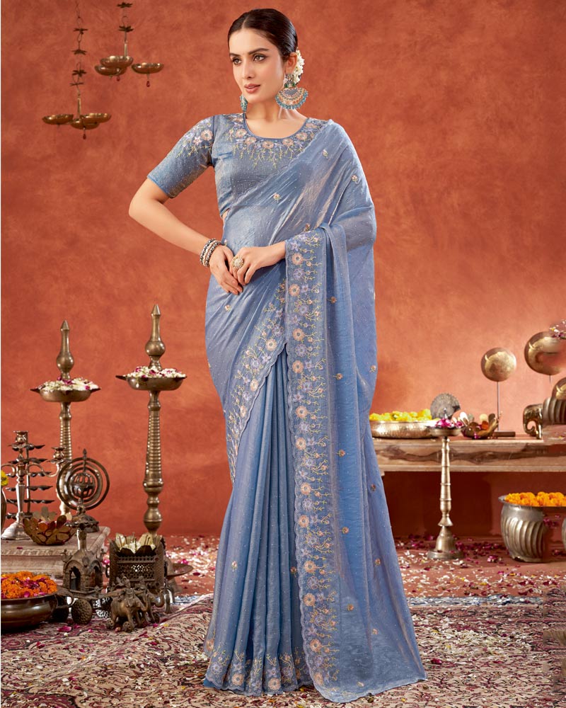 Vishal Prints Pastel Blue Designer Fancy Satin Saree With Embroidery-Swarovski Work And Cut Work Border