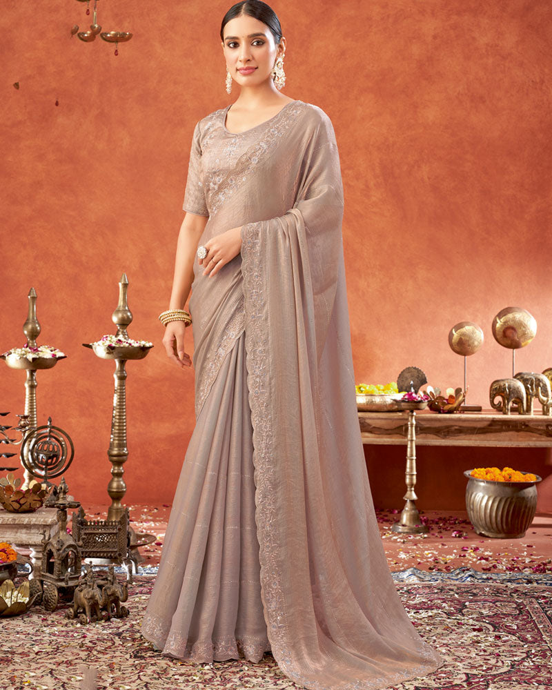 Vishal Prints Pastel Brown Designer Fancy Satin Saree With Embroidery-Swarovski Work And Cut Work Border