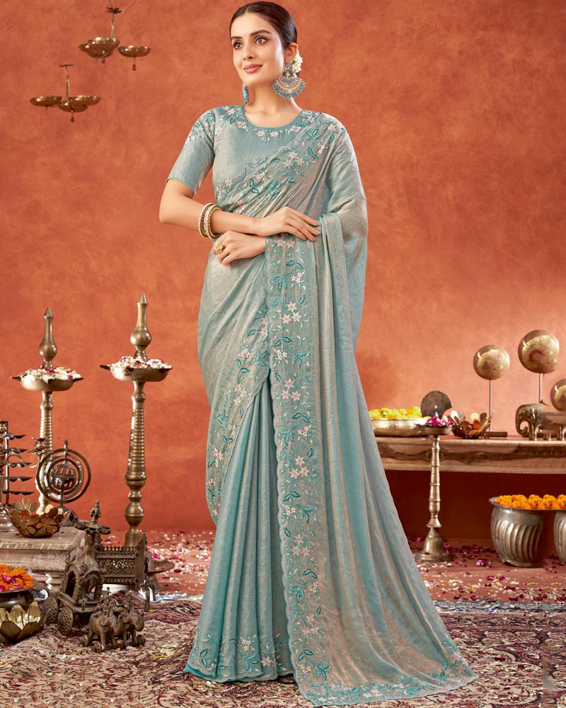 Vishal Prints Mist Green Designer Fancy Satin Saree With Embroidery-Swarovski Work And Cut Work Border