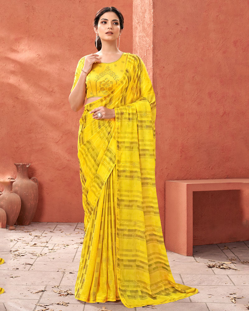 Vishal Prints Yellow Designer Fancy Chiffon Saree With Diamond Work And Core Piping