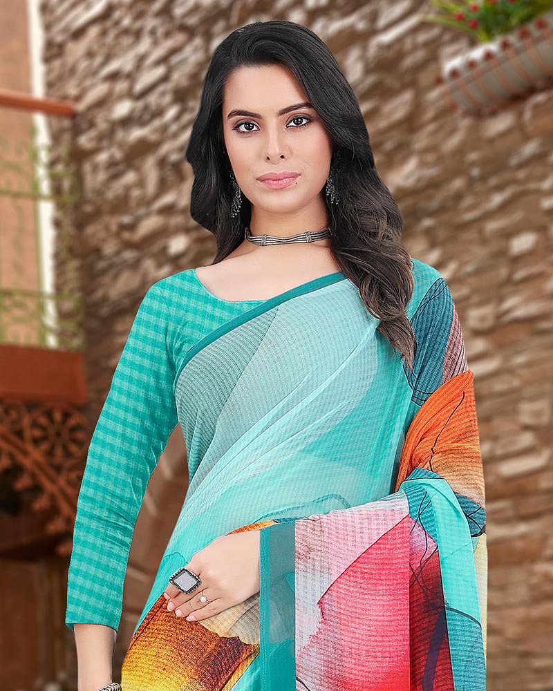 Vishal Prints Dark Turquoise Blue Digital Print Georgette Saree