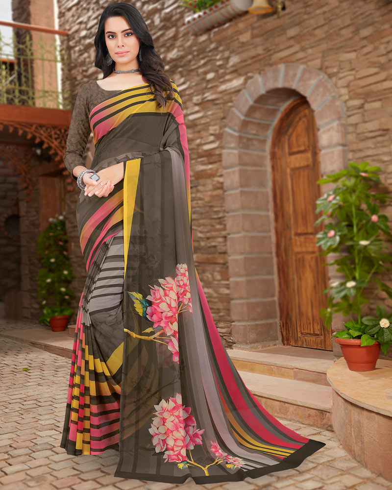 Vishal Prints Dark Grey Digital Print Georgette Saree
