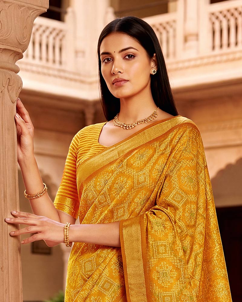 Vishal Prints Yellowish Orange Printed Shimmer Moss Digital Print Saree With Weaved Viscose Patta