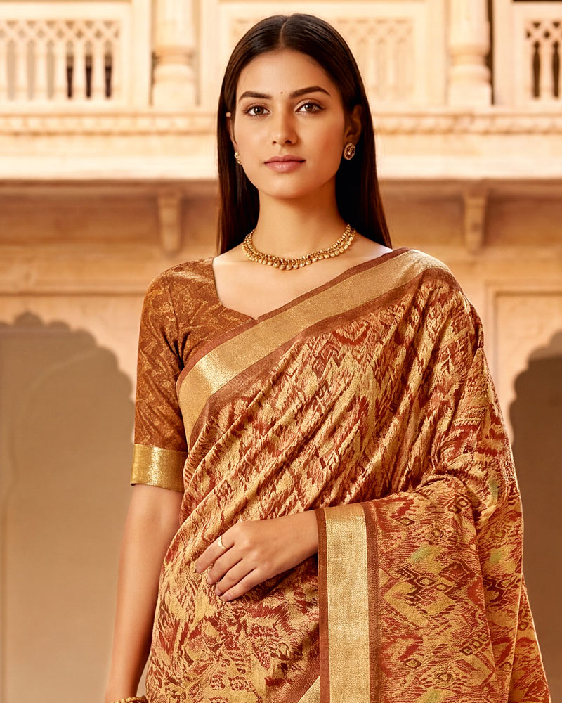 Vishal Prints Rusty Orange Printed Shimmer Moss Digital Print Saree With Weaved Viscose Patta