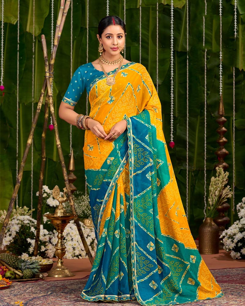 Vishal Prints Dark Orange And Teal Green Printed Chiffon Traditional Print Saree With Cut Work Embroidery Border