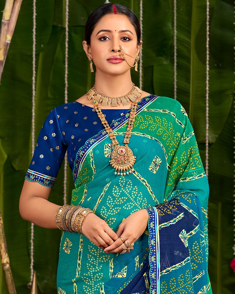 Vishal Prints Teal Blue And Jade Green Printed Chiffon Traditional Print Saree With Cut Work Embroidery Border