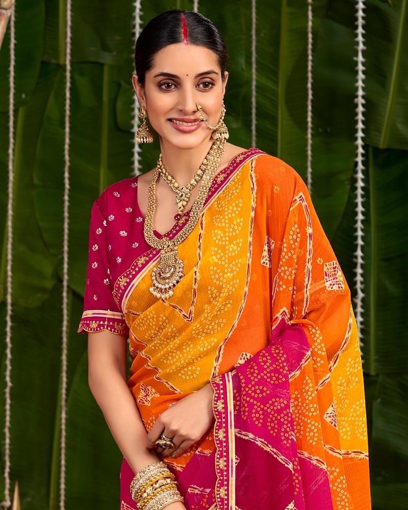 Vishal Prints Bright Orange And Raspberry Pink Printed Chiffon Traditional Print Saree With Cut Work Embroidery Border
