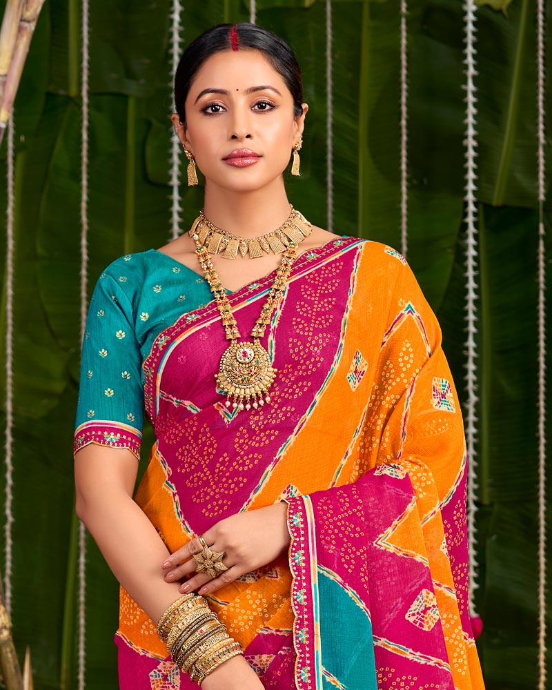 Vishal Prints Burnt Pink And Papaya Orange Printed Chiffon Traditional Print Saree With Cut Work Embroidery Border