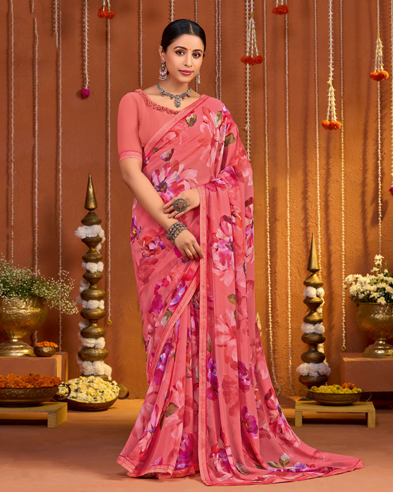 Vishal Prints Dark Pastel Pink Digital Print Georgette Saree With Fancy Border