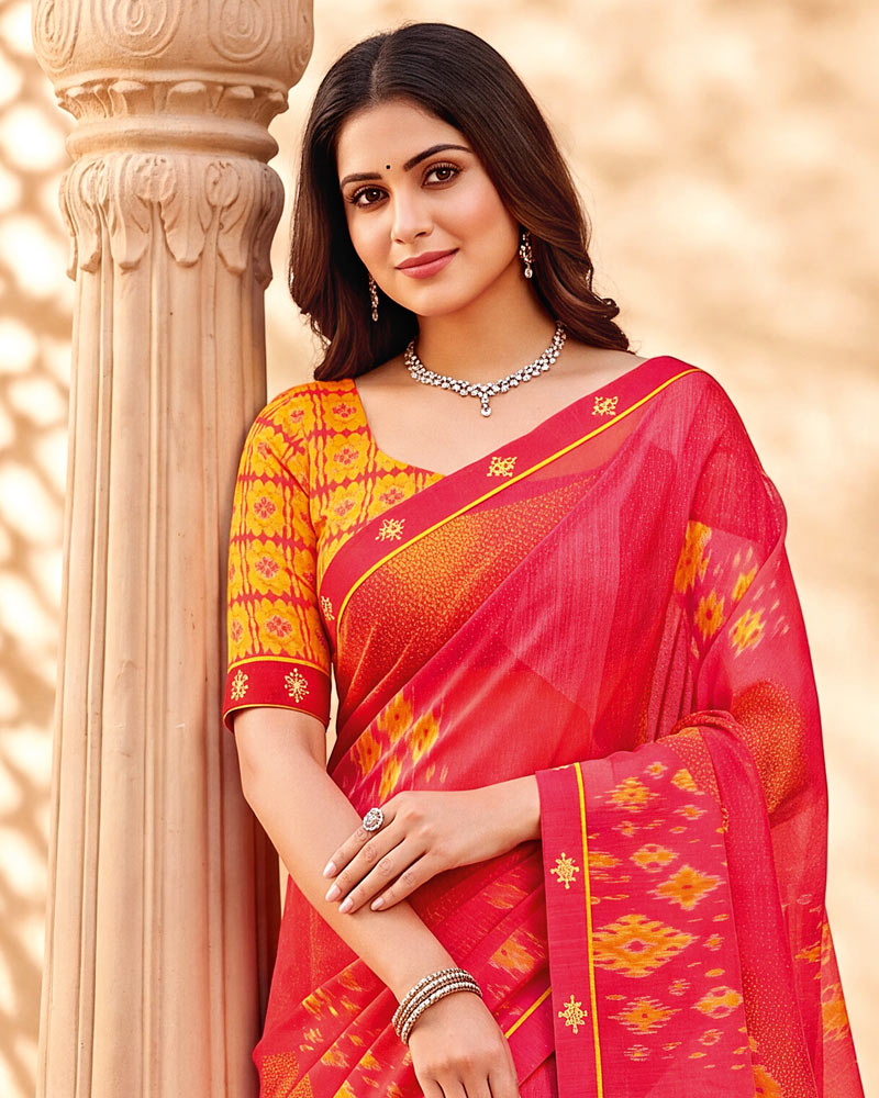 Vishal Prints Pinkish Red Printed Chiffon Saree With Fancy Border
