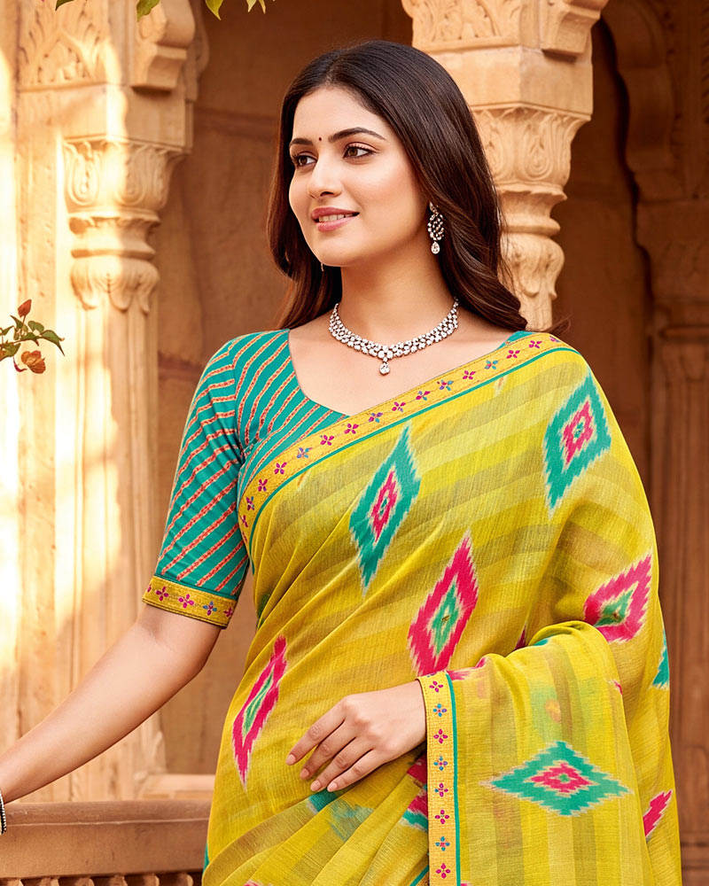 Vishal Prints Bright Sun Yellow Printed Chiffon Saree With Fancy Border
