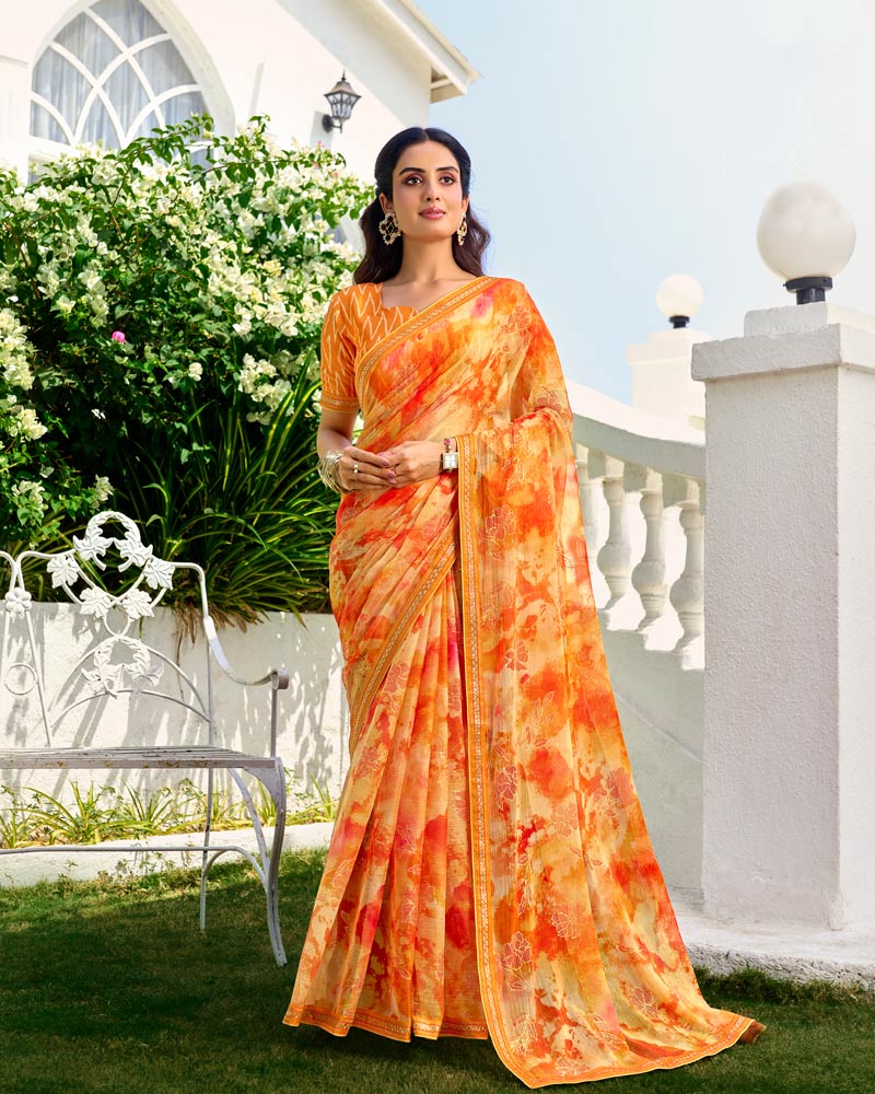 Vishal Prints Multi Orange Printed Chiffon Saree With Foil Print And Fancy Border