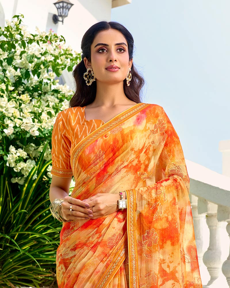 Vishal Prints Multi Orange Printed Chiffon Saree With Foil Print And Fancy Border