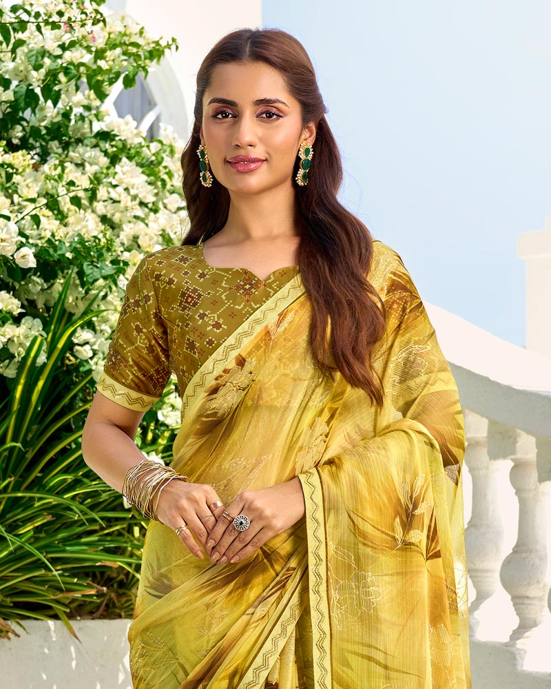 Vishal Prints Light Pastel Yellow Printed Chiffon Saree With Foil Print And Fancy Border