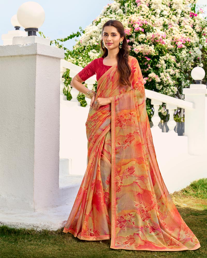 Vishal Prints Faded Orange Printed Chiffon Saree With Foil Print And Fancy Border