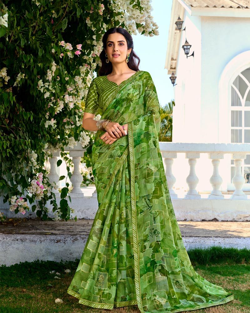 Vishal Prints Fern Green Printed Chiffon Saree With Foil Print And Fancy Border