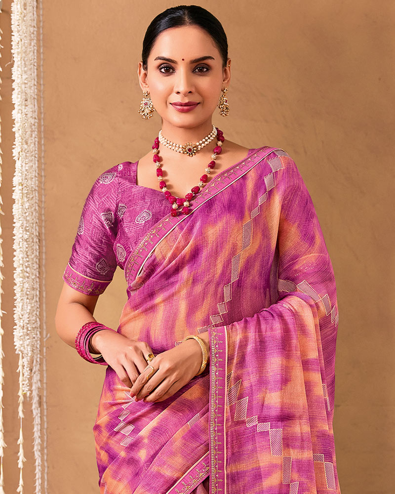 Vishal Prints Royal Fuchsia Designer Shimmer-Chiffon Saree With Foil Print And Fancy Embroidery Border