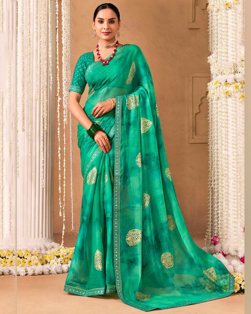 Vishal Prints Dark Mint Green Designer Shimmer-Chiffon Saree With Foil Print And Fancy Embroidery Border