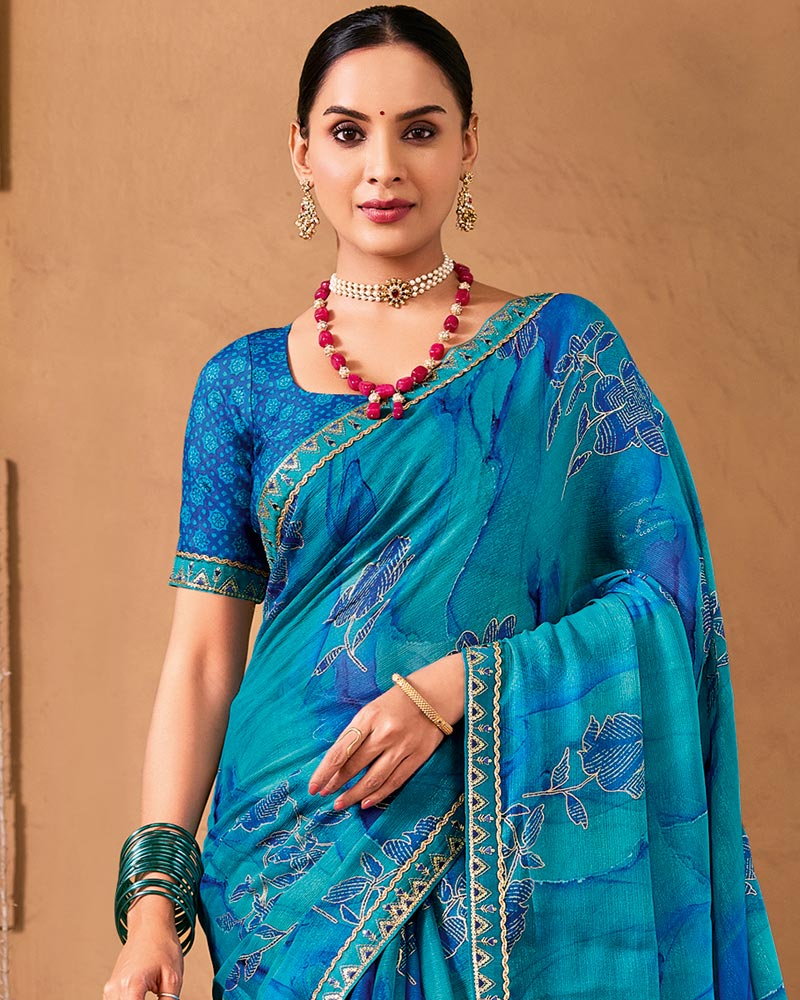 Vishal Prints Ocean Blue Designer Shimmer-Chiffon Saree With Foil Print And Fancy Embroidery Border