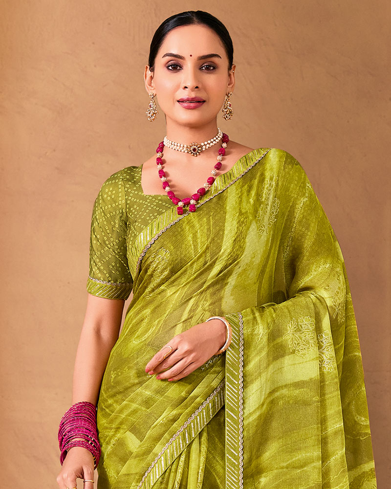 Vishal Prints Mustard Green Designer Shimmer-Chiffon Saree With Foil Print And Fancy Embroidery Border