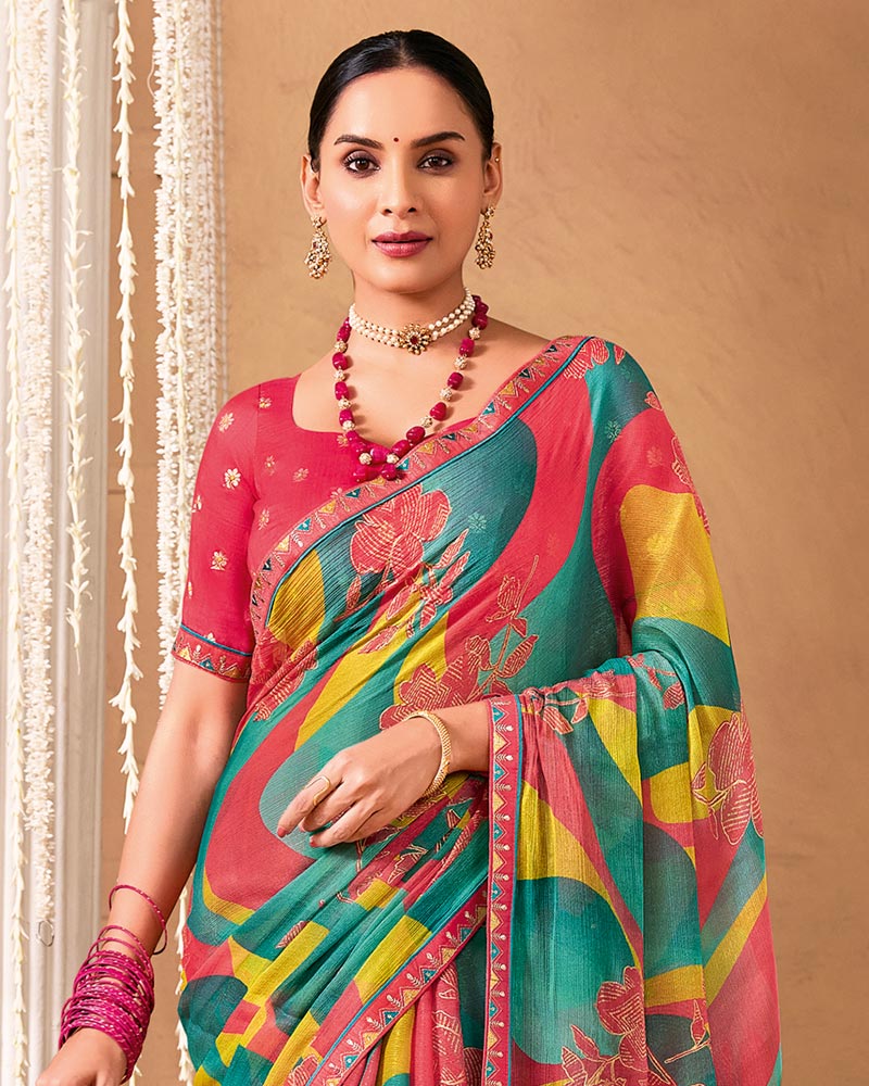 Vishal Prints Multicolor Designer Shimmer-Chiffon Saree With Foil Print And Fancy Embroidery Border