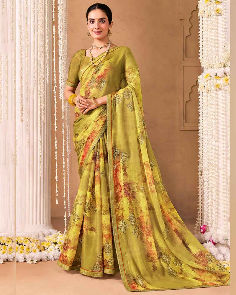 Vishal Prints Light Brownish Yellow Designer Shimmer-Chiffon Saree With Foil Print And Fancy Embroidery Border