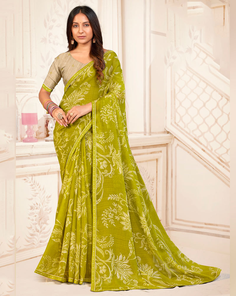 Vishal Prints Olive Yellow Printed Chiffon Saree With Fancy Border