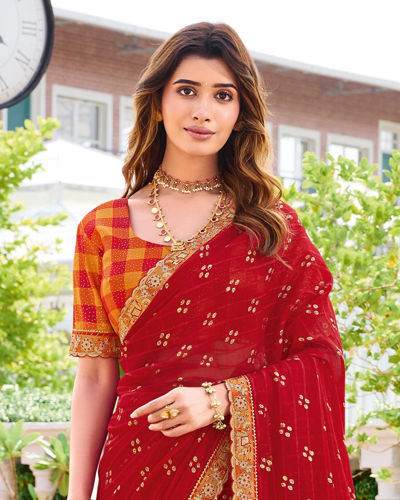 Vishal Prints Scarlet Red Designer Fancy Chiffon Traditional Print Saree With Foil Print And Cut Work Embroidery Border