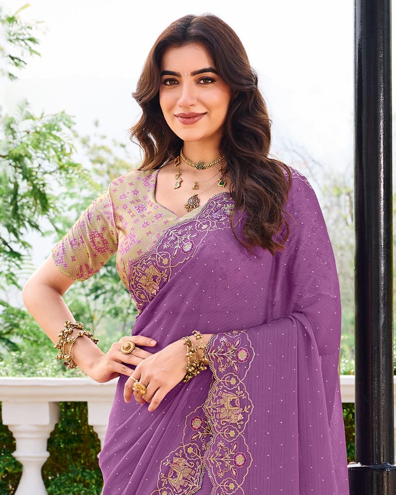 Vishal Prints Dark Lilac Designer Fancy Chiffon Saree With Diamond Work And Cut Work Embroidery Border