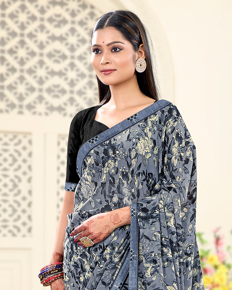 Vishal Prints Oslo Grey Printed Georgette Saree With Fancy Border