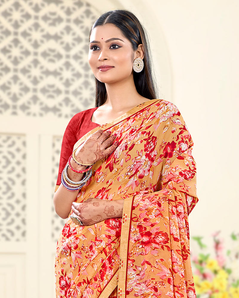 Vishal Prints Pastel Orange Printed Georgette Saree With Fancy Border