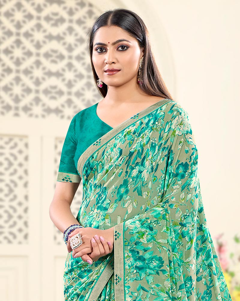 Vishal Prints Sage Green Printed Georgette Saree With Fancy Border
