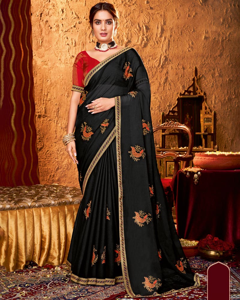 Vishal Prints Black Designer Chiffon Saree With Embroidery And Diamond