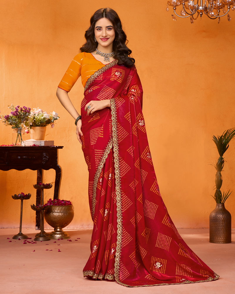 Vishal Prints Maroon Red Designer Satin-Chiffon Traditional Print Saree With Foil Print And Cut Work Embroidery Border
