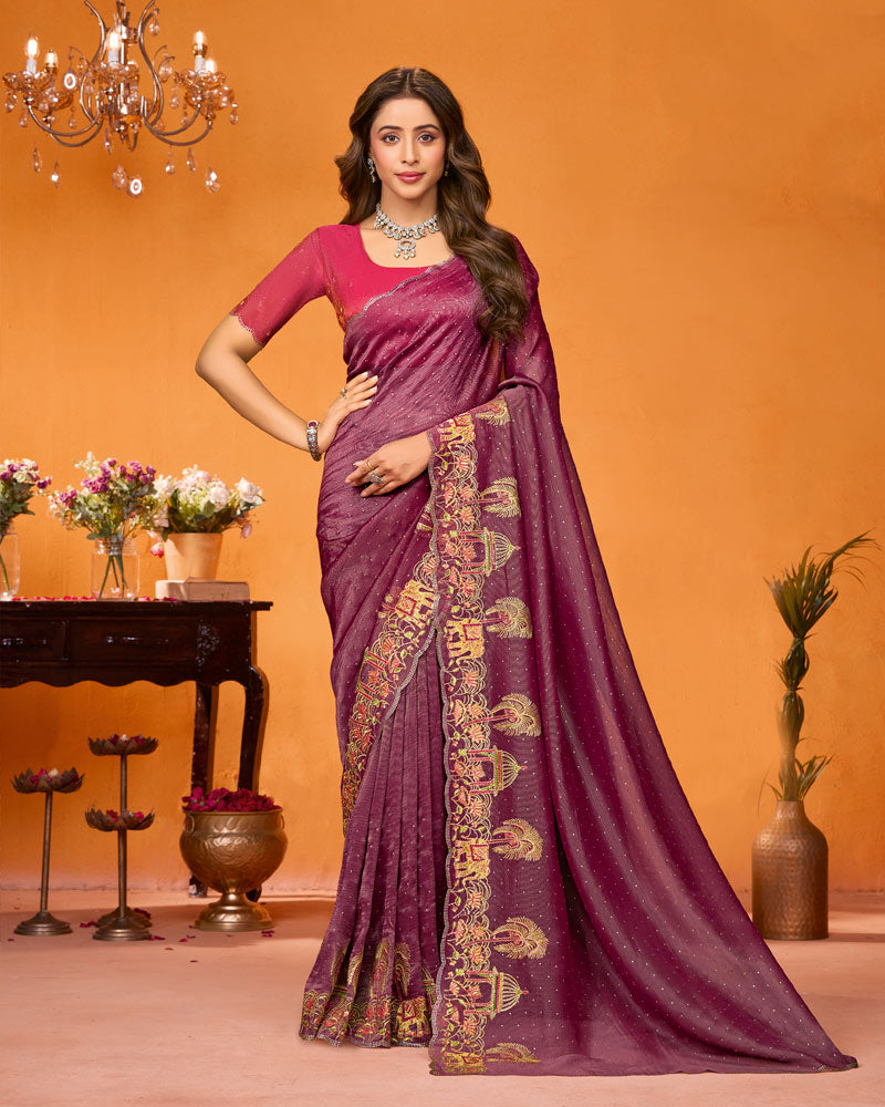 Vishal Prints Light Burgundy Designer Fancy Art Silk Saree With Embroidery-Diamond Work And Cut Work Border
