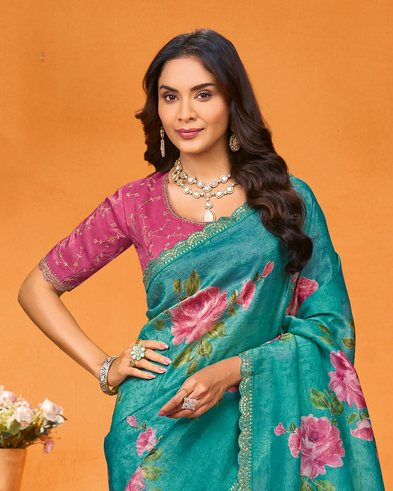 Vishal Prints Teal Green Designer Chiffon Saree With Foil Print-Diamond Work And Cut Work Embroidery Border